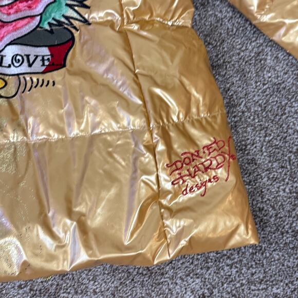 Ed Hardy NWT Size XL Y2K Gold Down Puffer Coat Embroidered Roses Skulls Hooded - Picture 4 of 16